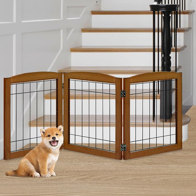 LZRS 3-Panel Freestanding Foldable Wooden Dog Gate –Solid Wood & Steel Wire Chew-Resistant Indoor Safety Pet Fence for Doorways & Stairs, Ideal for Small to Medium Dogs & Puppies, Cherry