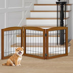 LZRS 3-Panel Freestanding Foldable Wooden Dog Gate –Solid Wood & Steel Wire Chew-Resistant Indoor Safety Pet Fence for Doorways & Stairs, Ideal for Small to Medium Dogs & Puppies, Cherry