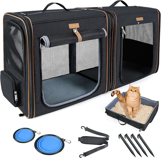 Lekereise Extra Large Cat Carrier for 2 Cats, 2-in-1 Cat Travel Carrier with Litter Box, (20.85" x2) x19.7"x19.7" Pet Carrier with Zipper Locks for Moving Across The Country (No Hammock) - Black