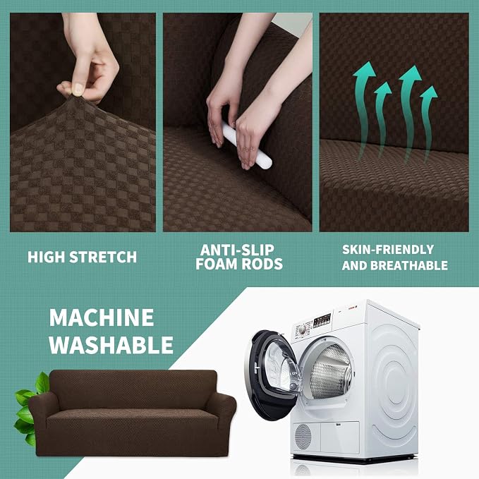 YEMYHOM Couch Cover Latest Jacquard Design High Stretch Sofa Covers for 3 Cushion Couch, Pet Dog Cat Proof Slipcover Non Slip Magic Elastic Furniture Protector (Large, Dark Coffee)