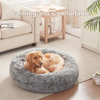 36 inches Faux Fur Fluffy Donut Dog Bed for Large Dogs,Dark Grey | Calming Plush Round Pet Bed with Removable & Washable Cover,Fits up to 80 lbs Pets