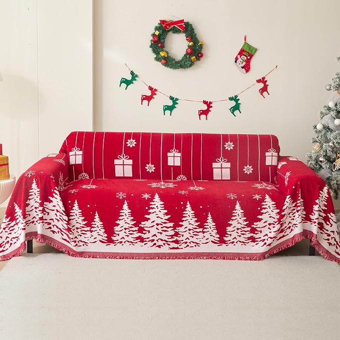 Christmas Couch Cover for Sectional Sofa, Chenille Loveseat Red Sofa Covers Washable for Pet Friendly Cedar Decorative Couch Covers, 71" x 102"