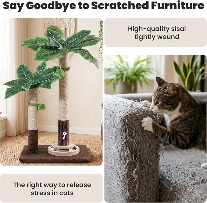 Woochpet Palm Tree Cat Scratching Post Dual Height Brown | Natural Sisal Wrapped Poles, Hanging Plush Balls, Bottom Roller Ball Track, Hidden Peek Hole