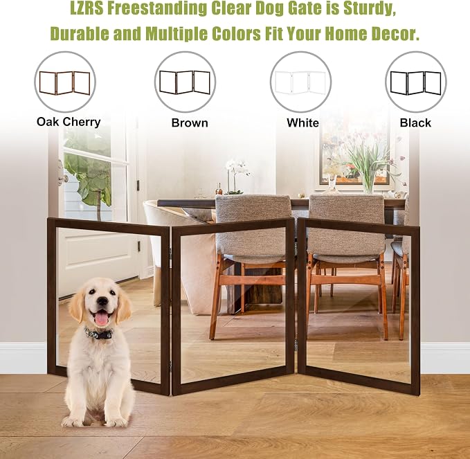 LZRS Clear Dog Gate for Indoor Use - Transparent Pet Fence with Solid Hardwood and Plastic Board, Stylish & Durable freestanding Pet Gate for Doorways, Stairs and Hallways-3 Panel Brown