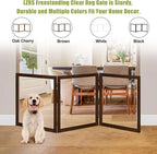 LZRS Clear Dog Gate for Indoor Use - Transparent Pet Fence with Solid Hardwood and Plastic Board, Stylish & Durable freestanding Pet Gate for Doorways, Stairs and Hallways-3 Panel Brown