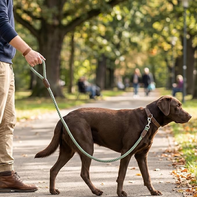 Mile High Life Dog Leash Braided Cotton Rope w/Leather-Wrapped Ends/Handle | Rust-proof 360° swivel clasp, Heavy-duty for medium/large breeds. Great for weddings, daily walks (5 FT, 1/2", Green)