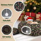 Cat Tunnel Bed Under Christmas Tree, 3x3ft Donut for Cats | Collapsible Polyester Fabric, 9.8in Tube Diameter, Holiday Green & Candy Cane Design for Kittens, Small Animals