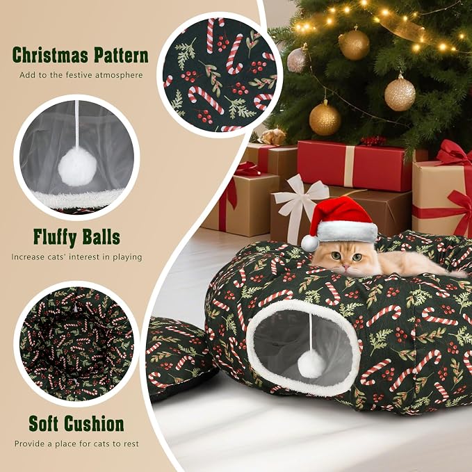 Cat Tunnel Bed Under Christmas Tree, 3x3ft Donut for Cats | Collapsible Polyester Fabric, 9.8in Tube Diameter, Holiday Green & Candy Cane Design for Kittens, Small Animals