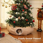 PEQULTI Beige Donut Cat Tunnel Bed Washable Plush Mat Multi for Small Pets | Round play tube with soft detachable plush mat, multi-pet toy fit indoor cats, kittens, puppies, rabbits and ferrets