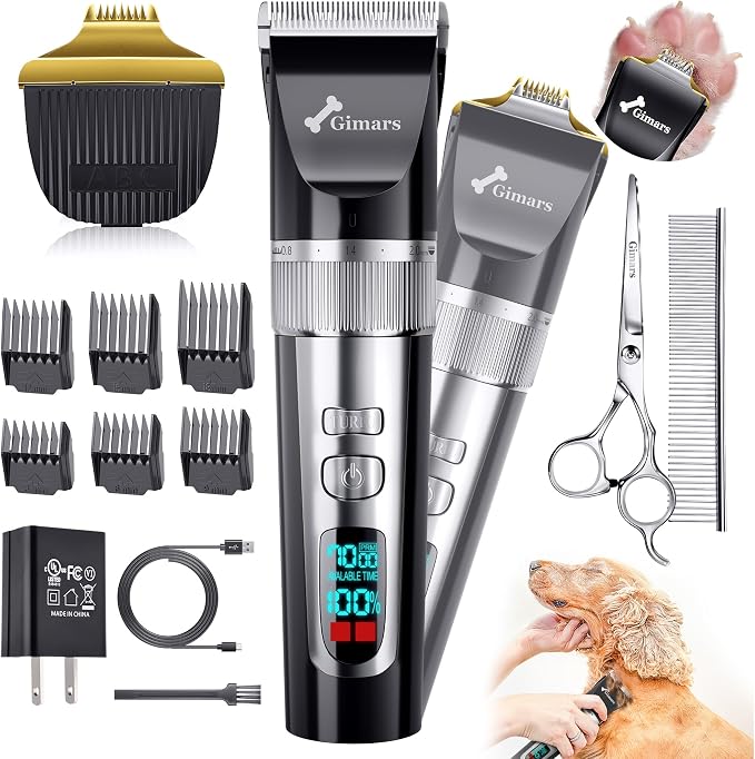 Gimars 4 in 1 Dog Grooming Clippers with Small Trimmer, 7000RPM High-Power 4-Speed Quiet Pet Shaver (≤55dB), Cordless Rechargeable Dog Hair Clippers for Thick Coats with Scissors, Comb & USB