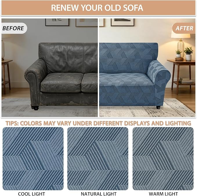 ZNSAYOTX Stretch Couch Covers for 3 Cushion Couch, 1-Piece Sofa Cover Slipcover Pet Friendly, Furniture Protector with Elastic Bottom for Dogs Geometrical Jacquard Fabric (Large, Dark Grey)