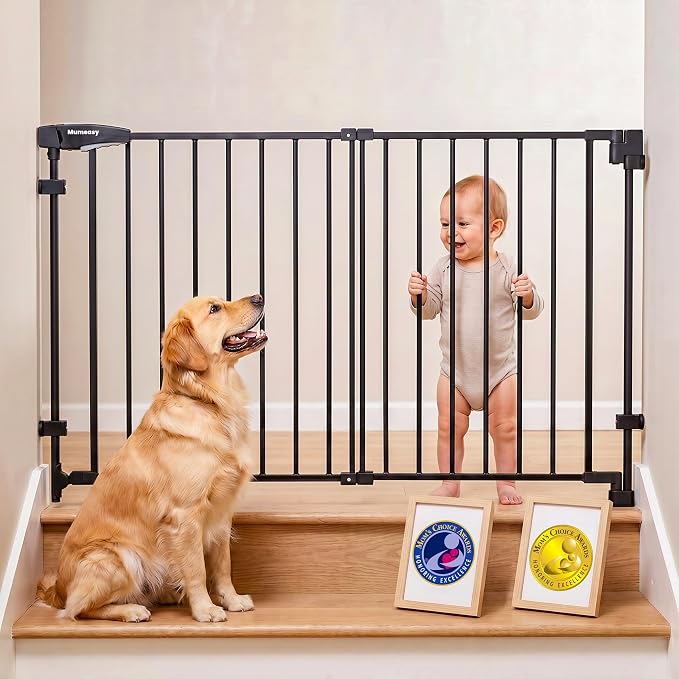 Mumeasy 30" Tall Baby Gate for Stairs & Doorways, No Bottom Bar Dog Gate | 29.5-43.3" Expandable Hardware Mounted, Auto Close Extra Wide Walk Thru Pet & Toddler Proof Safety Gate Indoor, Hallway,Black