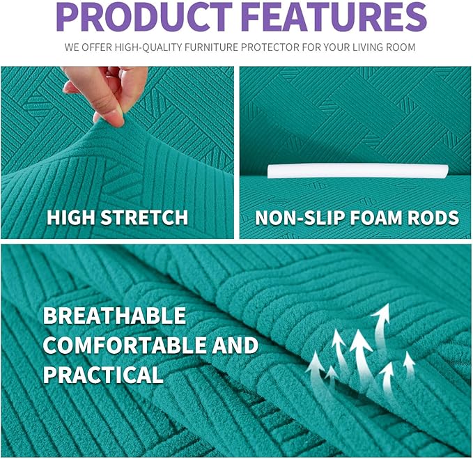ZNSAYOTX Oversized Super Stretch Couch Cover (92"-115"), New Striped Sofa Covers Comfortable & Durable, Dog Cat Pets Friendly Extra Large Spandex Sofa Slipcovers (XL Sofa, Peacock Teal)