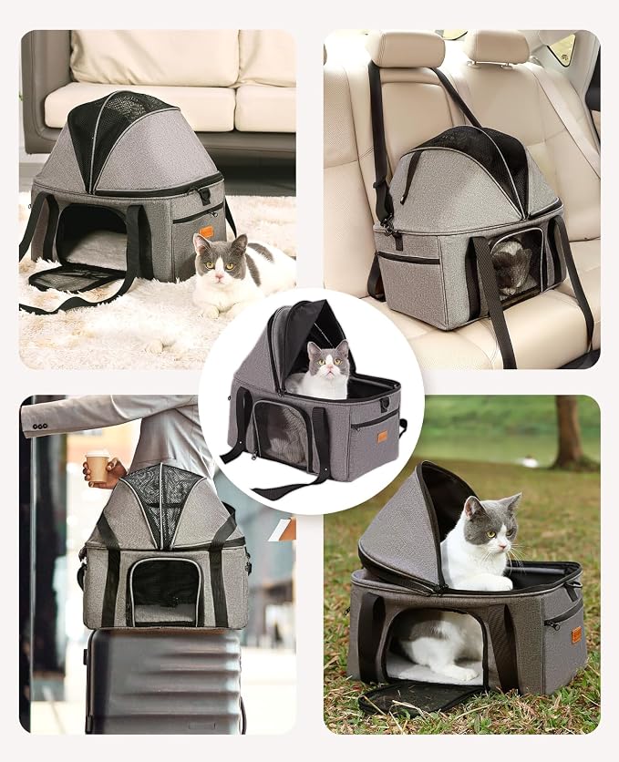 BurgeonNest Top-Expandable Cat Carrier with Semi-Open Canopy, Up to 15 lbs | Soft Sided Cat Bag Carrier for Medium Large Pet, Upgraded Small Dog Car Seat, Puppy Travel Bag for Trip Features Safety Leash