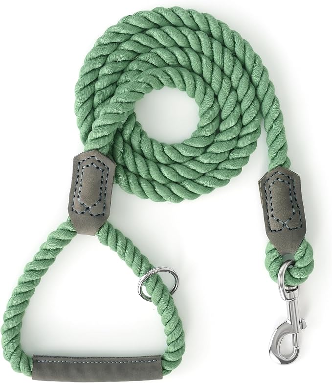 Mile High Life Dog Leash Braided Cotton Rope w/Leather-Wrapped Ends/Handle | Rust-proof 360° swivel clasp, Heavy-duty for medium/large breeds. Great for weddings, daily walks (6 FT, 1/2", Green)