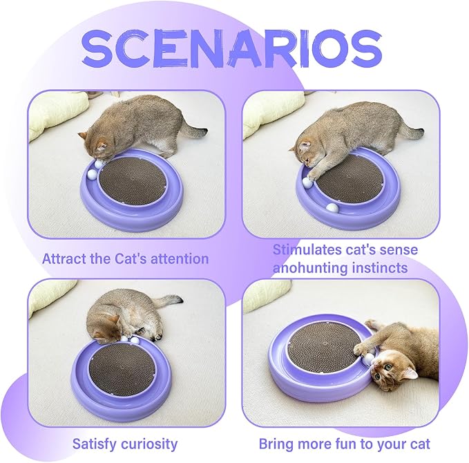 Interactive Cat Ball Track Toy for Indoor Cats, Cat Scratching Board & Exercise Set for Bored Indoor Adult and Kitten Mental & Physical Stimulation, with Spare Ball to Prevent Loss (Purple)