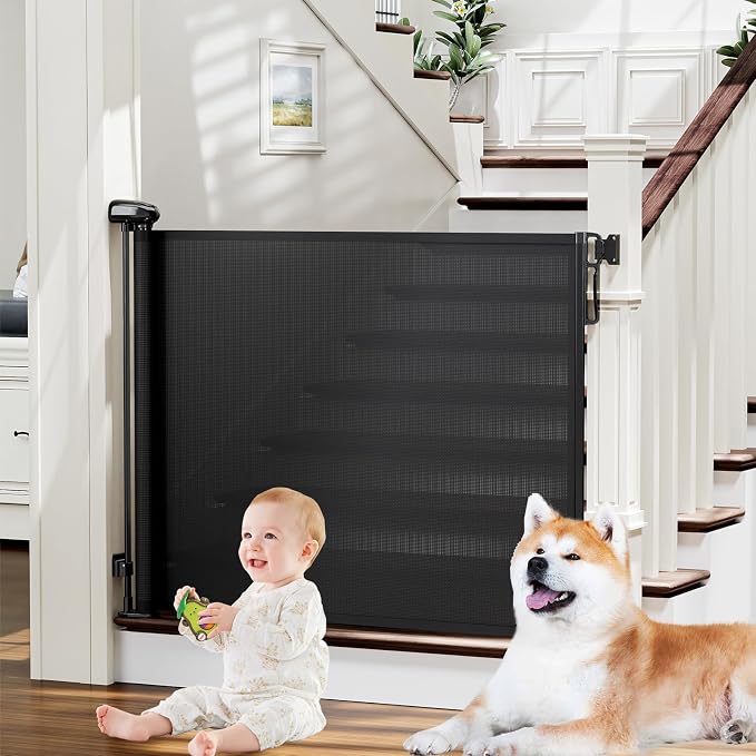 PRObebi Retractable Baby Gates for Stairs, Dog Gates Extend to 54" Wide 34" Tall, Black