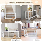 Bonnlo Free Standing Dog Gate, 37" - 68" Wide Pet Gate for Fireplace Stairs Doorways, Wooden Adjustable Pet Fence Indoor, Christmas Tree Gate (White)