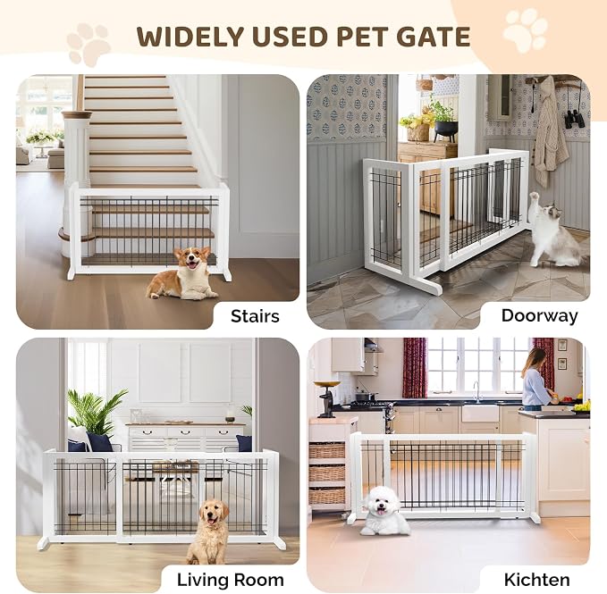 Bonnlo Free Standing Dog Gate, 37" - 68" Wide Pet Gate for Fireplace Stairs Doorways, Wooden Adjustable Pet Fence Indoor, Christmas Tree Gate (White)