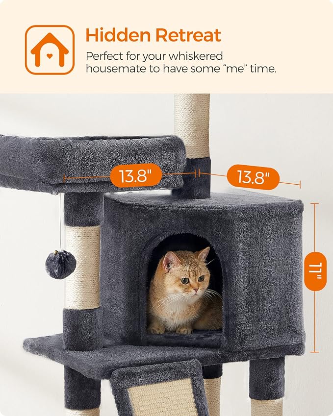 Feandrea Cat Tree, 45.3-Inch Cat Tower, Plush Condo Scratching Post, Gray | 45.3-Inch Cat Tower, Plush Condo with Scratching Post, Ramp, Perch, Spacious Cave, Smoky Gray