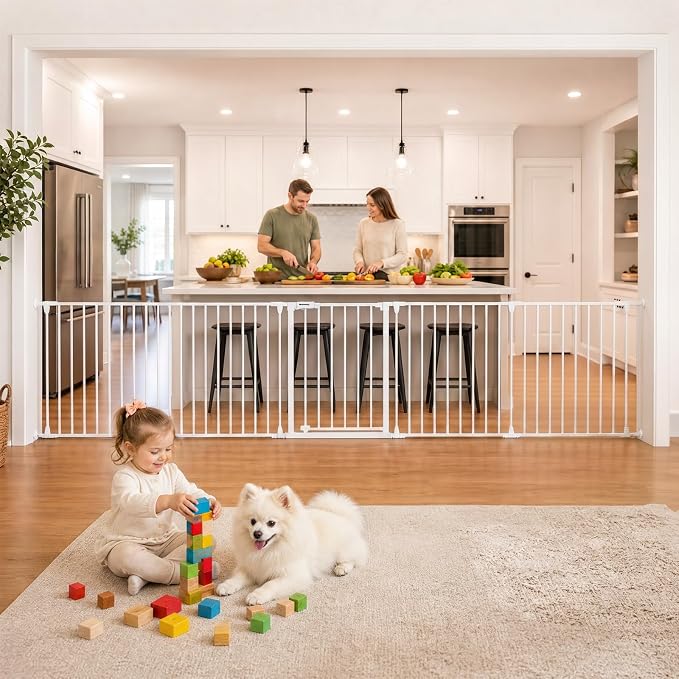 Mumeasy 150" Extra Wide Baby Gate, Play Yard Long Dog Gate for Doorways | Pet Gate Auto Close Walk Thru Door, Adjustable Large Child Safety Fence Gate for House Fireplace Outdoor,6 Metal Panels,White