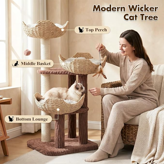 PAWZ Road Modern Cat Tree with Baskets, 44" Cat Tower for Indoor Cats,Brown | 3 rattan baskets (φ15.7") with thick cushions, sturdy base cat tree for large indoor cats, multi-level climbing resting space