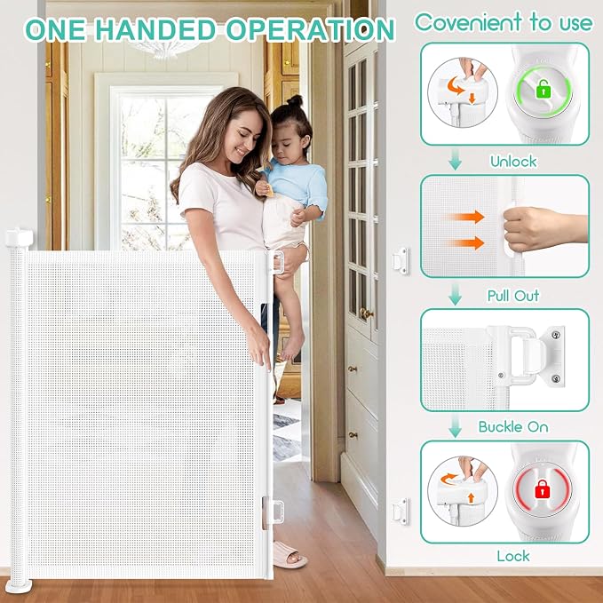 EZIGO 71 Inch Retractable Baby Gates, 41 Inch Extra Tall Retractable Gate | One-Hand Operation Retractable Dog Gate, 5.9FT Mesh Safety Pet Gate for Stairs, Deck, Porch, Doorways Indoor Outdoor, White