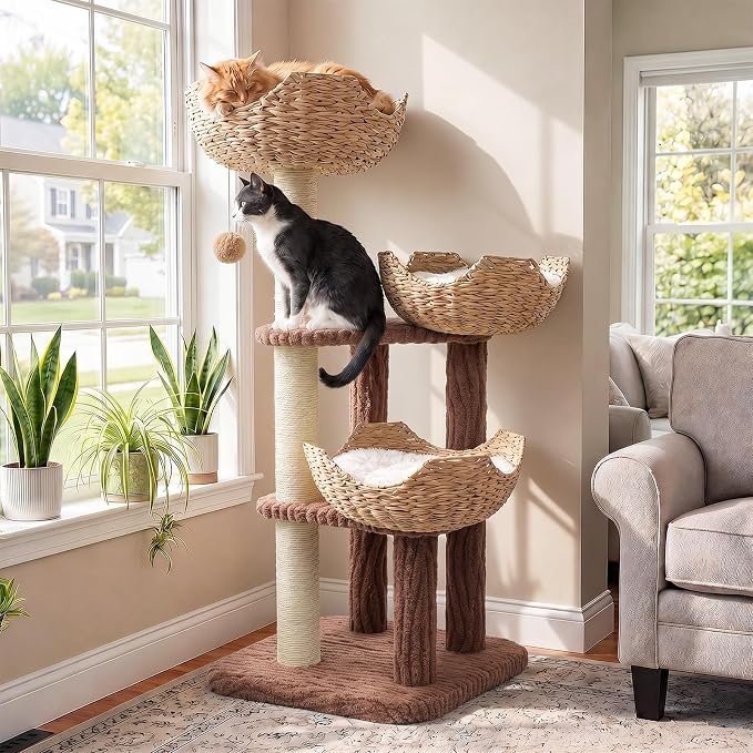 PAWZ Road Modern Cat Tree with Baskets, 44" Cat Tower for Indoor Cats,Brown | 3 rattan baskets (φ15.7") with thick cushions, sturdy base cat tree for large indoor cats, multi-level climbing resting space