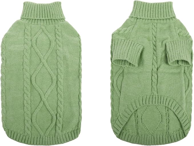 Queenmore Small Dog Pullover Sweater, Cold Weather Cable Knitwear, Classic Turtleneck Thick Warm Clothes for Chihuahua, Bulldog, Dachshund, Pug, Yorkie (Green, Medium)