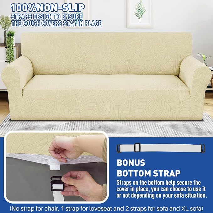 YEMYHOM Couch Cover Latest Jacquard Design High Stretch Extra Large Sofa Covers Pet Dog Cat Proof Oversized Slipcover Non Slip Magic Elastic Furniture Protector (X-Large, Begonia Leaf Beige)