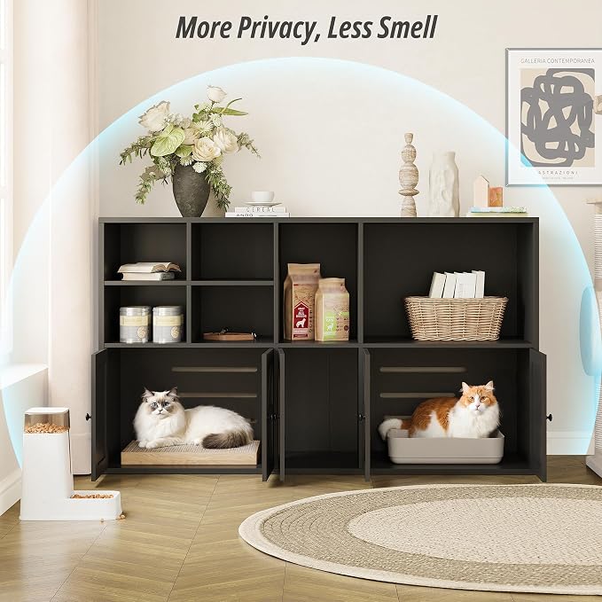 IRONCK Cat Litter Box Enclosure for 2 Cats, Hidden Litter Box Furniture | Double Litter Box Enclosure Cabinet with Double Room and Large Storage Space, Wooden Washroom Furniture, Cat House, Black