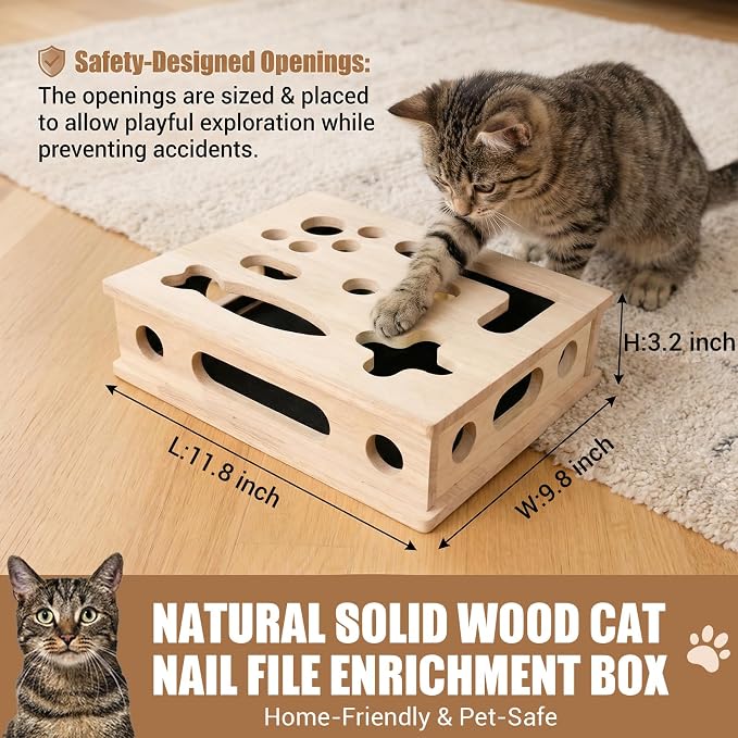 Cat Scratch Puzzle Enrichment Box, Wood Interactive Cat Toy with Sandpaper | Indoor Cat Nail File Box, Claw Craft Cat Nail Trimmer Box for Kitten, Cat Puzzle Toy, Nail Clipper(No Bell Ball)