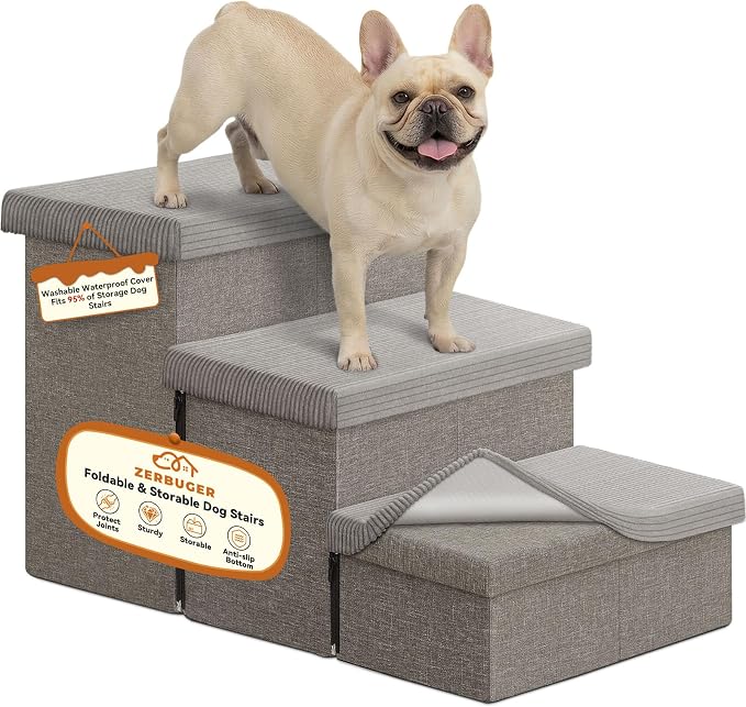 Zerbuger Dog Stairs with Storage, Grey Stripes Lids 3 Steps Ramp no Condo | 18" H Wider Dog Steps for High Beds Couch, Folding Storage Pet Stairs Gift for Climbing Small/Medium/Large Old Dogs Cats