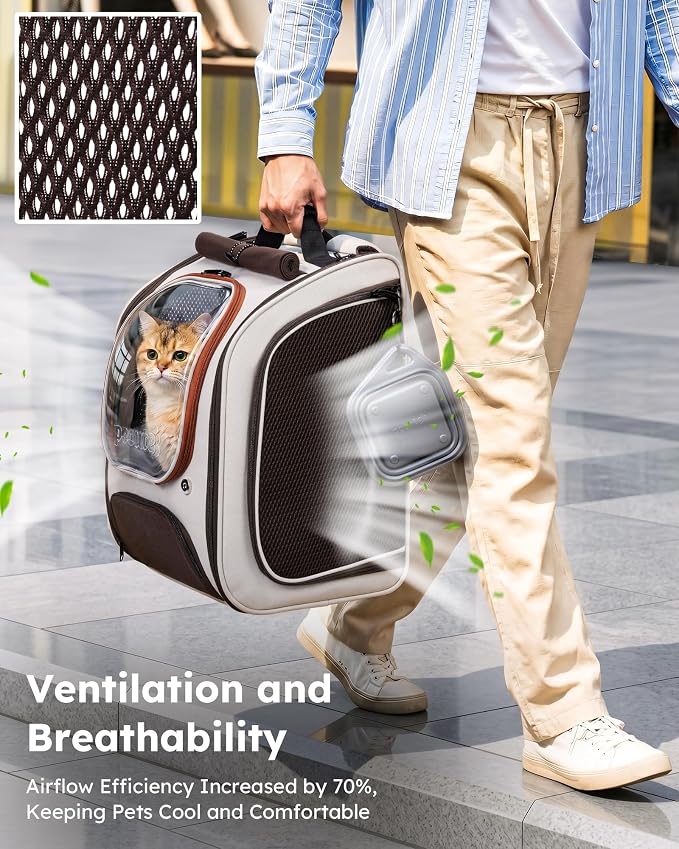 Pecute Dog Backpack Carrier,Large Space Dog Bubble Backpack,Ergonomic,Khaki | Color Blocking,Sunshade curtain,Folding bowl,Transparent window,Sturdy,Large mesh on both sides for breathability
