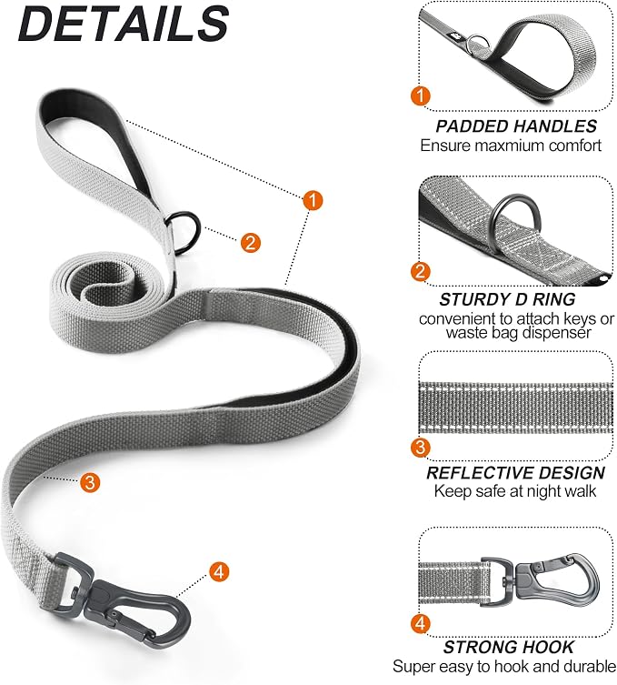 TwoEar 4FT 1IN Strong Gray Dog Leash with 2 Padded Handles, Traffic Handle Extra Control, Comfortable Soft Dual Handle, Auto Lock Hook, Reflective Walking Lead for Small Medium and Large Dogs