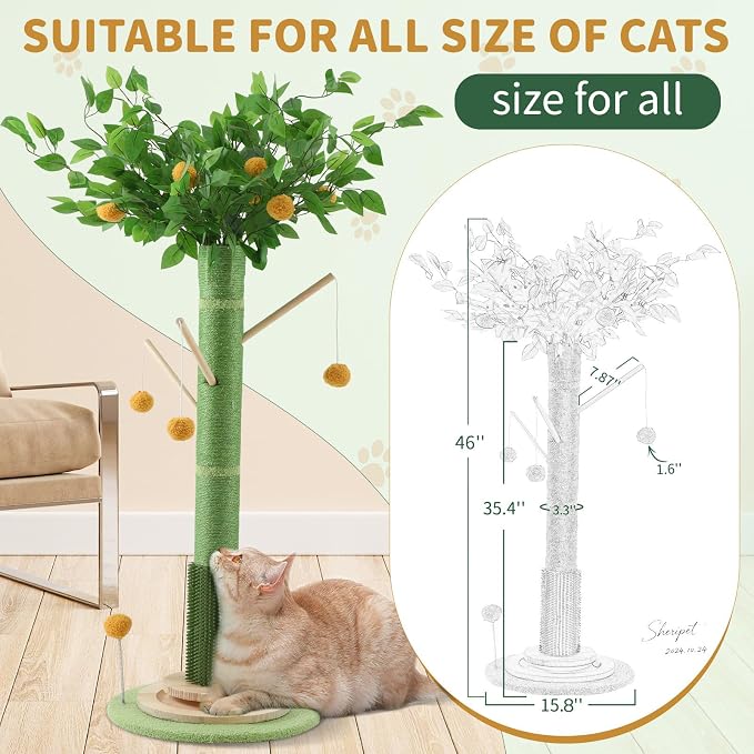 46" Tall Cat Scratching Post, Natural Sisal Cat Tree for Indoor Adult Cats | Vertical Cat Scratch Post for Body Stretching, Self-groomer Brush, Stable 3-layer Solid Wood Base, Interactive Ball Track Toy