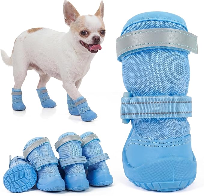 Dog Shoes, Non-Slip Dog Booties for hot Pavement, 4Pcs Blue 1# | Waterproof TPE Sole, Breathable Dog Boots with Reflective Straps, Idear for Hardfloors, Outdoor, Small Medium Paw Protectors