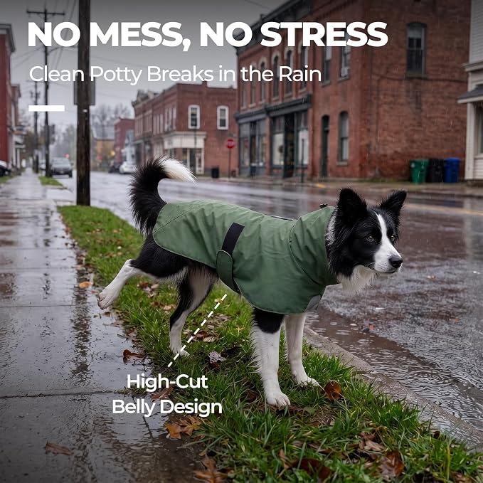PU Dog Raincoat, Non-Toxic & Odorless Waterproof Vest, Adjustable High Neck and Hook & Loop Belly Closure for Rainy Potty Breaks & Wet Weather Outdoor Walks (Olive Green, Large)