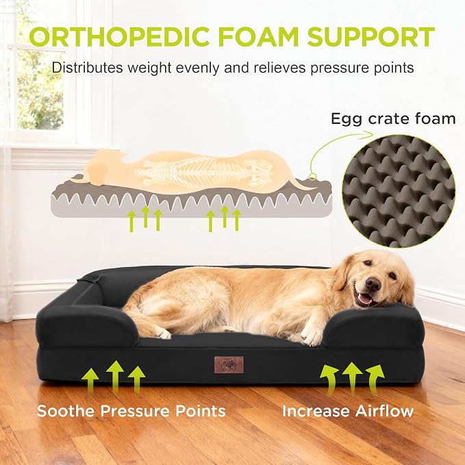 Waterproof Orthopedic Dog Bed for Extra Large Sized Dogs | Memory Foam Pet Bed Sofa with Bolster, Dog Couch with Washable Cover & Non-Slip Bottom, 48x30 Inch, Black