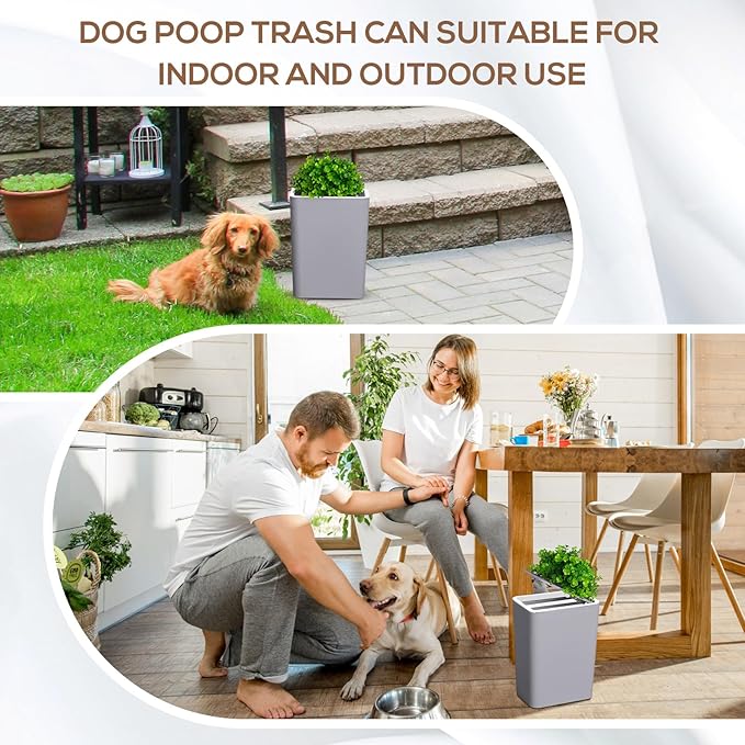 Jingmore Dog Poop Trash Can Outside 3.96 Gal/15 L Plant Styled Dog Waste Trash Can with Lid 50 Waste Bags Outdoor Indoor Poop Container Slim Garbage Bin for Yard Garden Pet (Gray)