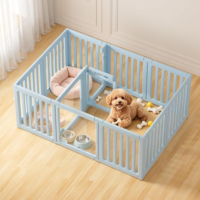 Acrylic Indoor Dog Playpen with Double Room, 24" H 12 Panels, Blue | Indoor & Outdoor Puppy Playpen with Heavy Duty Door Lock, Easy-Assembly&Clean Door Pet Fence for Dogs Puppy,Cats,Rabbits