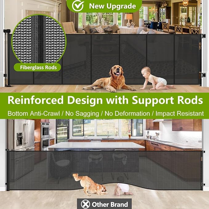 Reinforced 42" Tall Pet Gate 195" Extra Long Baby Gate Indoor/Outdoor/Black | Tall Retractable Dog Gate for Gagage/Deck/Patio, Space-Saving, Easy to Use, Safety Lock, Scratch-Resistant Mesh, Easy Install
