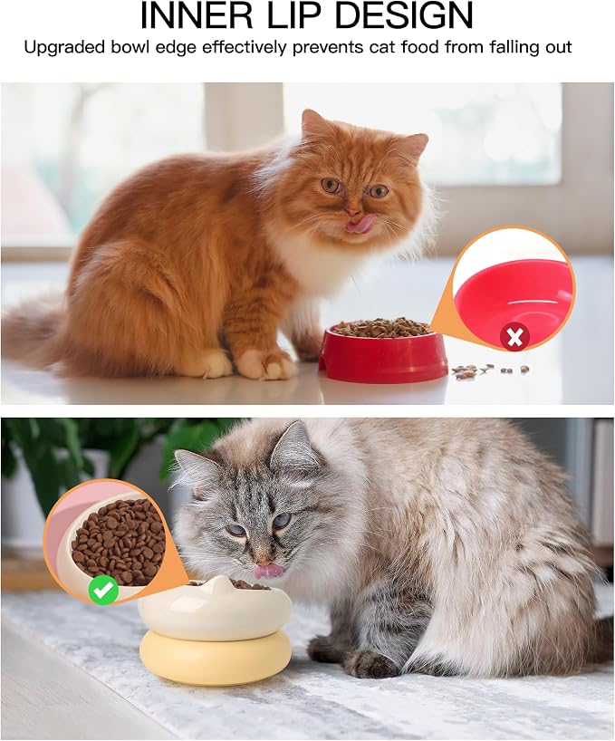 Cat Bowl, Ceramic Cat Bowls Food and Water Bowl Set, Whisker Friendly Cute Kitten Food Bowls for Protecting Pet's Spine, Beige & Yellow