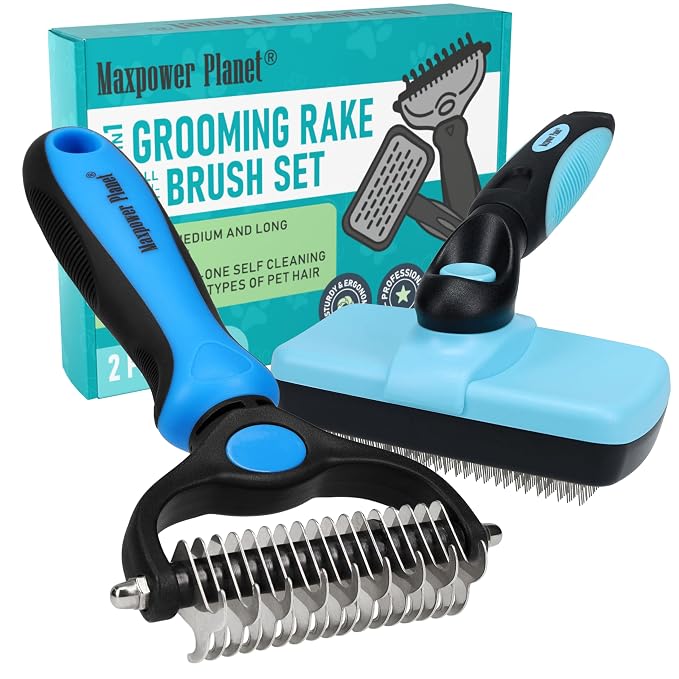 Maxpower Planet Dog Rake and Brush Set for Shedding, Undercoat & Mats | Deshedding Tool, Detangling, Self-Cleaning Design, Medium & Long Hair, For Cats Too, Gentle Grooming