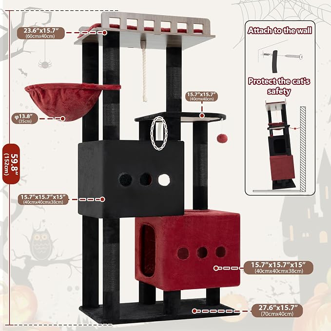 Gitelsnour Cat Tree, Sturdy Cat Tower with 2 Spacious Cat Condos GCT029BR | 60" Stable Base Cat Furniture for Large Cats with Wide Top Perch, Cozy Cat Basket, Sisal Scratching Posts & Toys, Black & Red