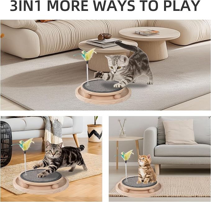 Natural Sisal Round Cat Scratcher with Ball Track Toy | Interactive, For Indoor Cats, Chasing Hunting Exercise, Mental Physical Puzzle, Kitten Toys