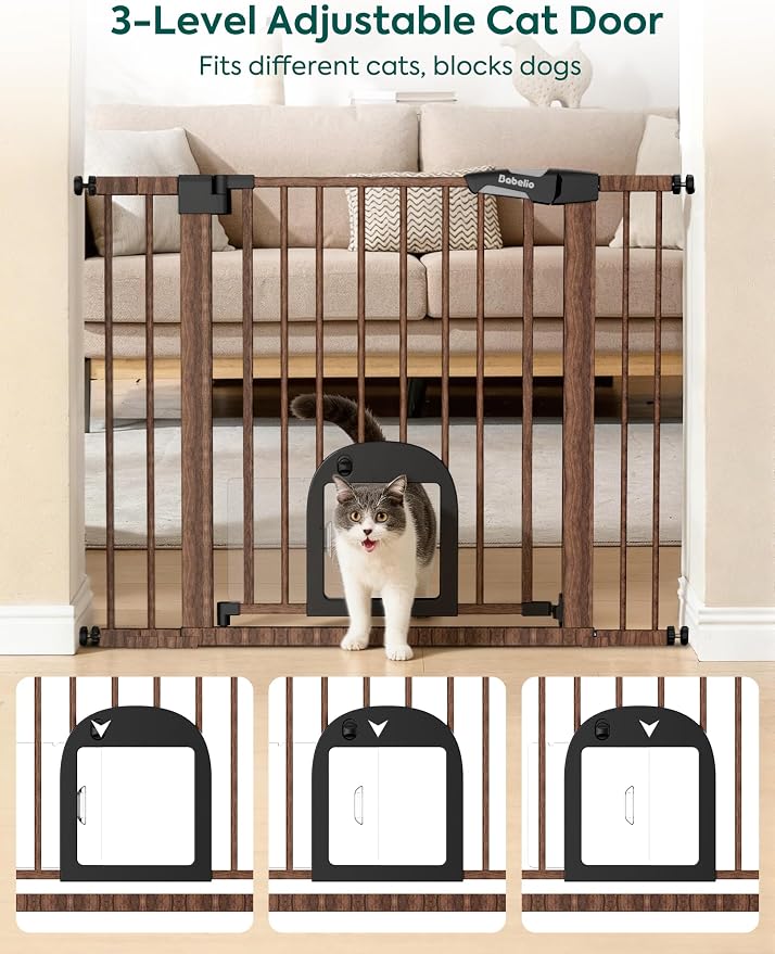 Babelio Baby Gate with Adjustable Cat Door, CatPrivilege III, 29-43" | Auto-Close, Pressure Mounted, Dual Lock, Durable Dog Gate For Stairs & Doorways, Keeps Pets Contained, Black Wood Pattern