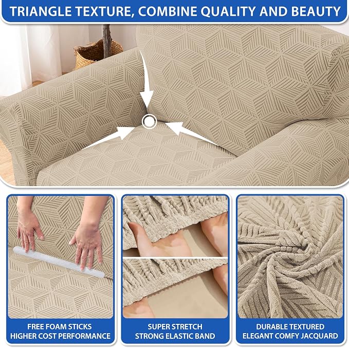 ZNSAYOTX Stretch Couch Cover, 1 Piece Sofa Covers for 3 Cushion Couch, Jacquard Sofa Slipcovers with Elastic Bottom Thickened Furniture Protector for Dog Cat Pet (Large, Khaki)