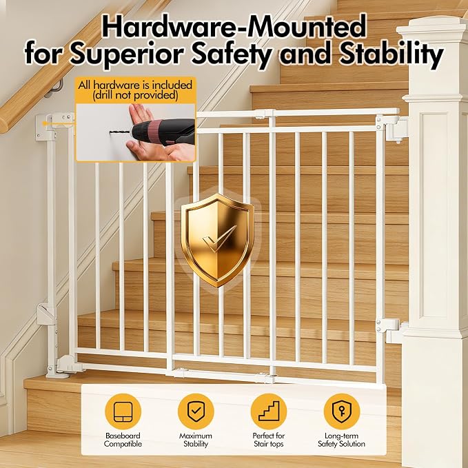 39" Extra Tall Baby&Dog Gate,32-54" Wide Hardware Mount Gate,White | Auto-Close design,Two-Way Swing, No Bottom Bar,Must Drill to Install