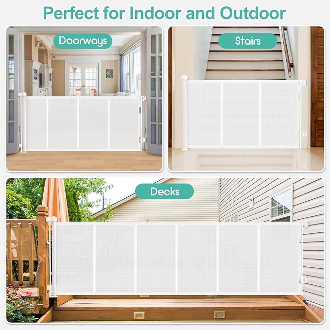EZIGO 120 Inch Retractable Baby Gates Extra Wide Reinforced Baby Dog Gate | 34 Inch Tall Retractable Dog Gate with Reinforced Strip Mesh Safety Pet Gate for Stairs Hallway Doorway Indoor Outdoor, White